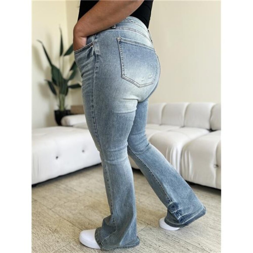 NWT π Judy Blue Mid Rise Flare Jeans, Faded Detailing, Reg and Plus Sizes - Picture 2 of 9